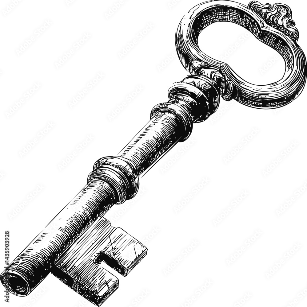Intricately detailed black and white sketch of an antique ornate key. Vector illustration