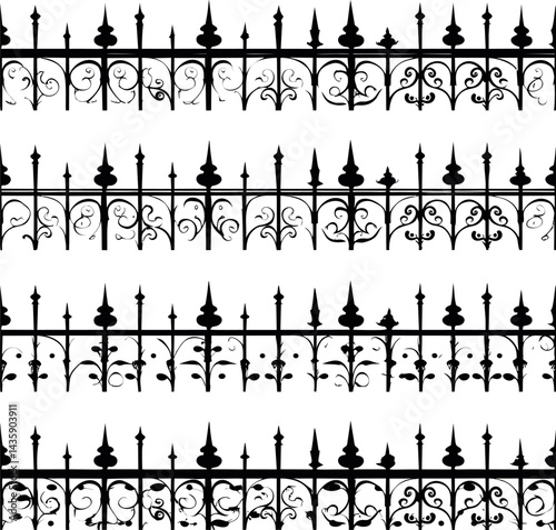 Black ornamental iron fence with intricate patterns. Vector illustration