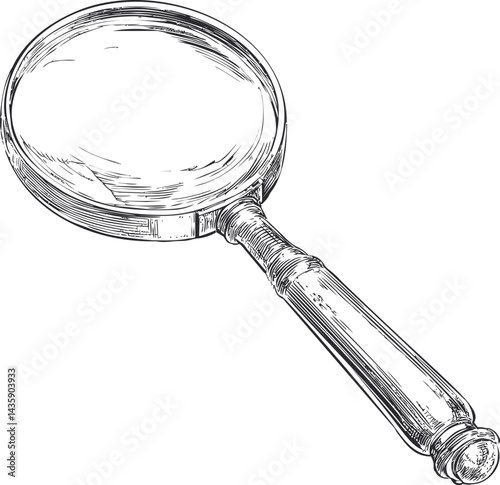 Vintage magnifying glass with wooden handle detailed sketch illustration. Vector illustration