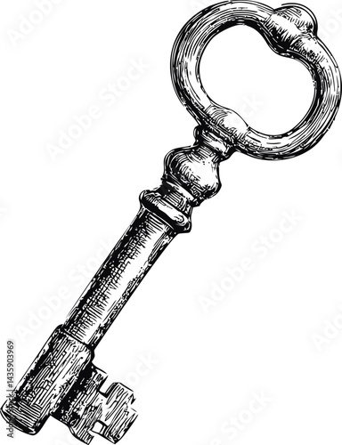 Antique skeleton key illustration in black ink with intricate details. Vector illustration