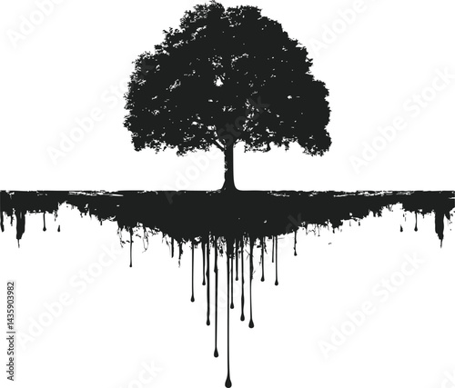 Silhouette of a tree with dripping roots, abstract art. Vector illustration