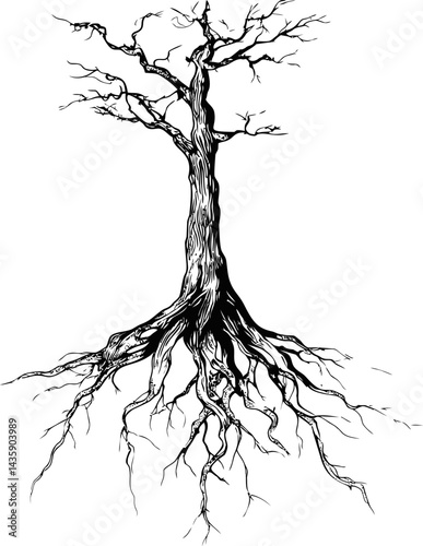 Illustration of a bare tree with exposed roots and intricate black lines. Vector illustration