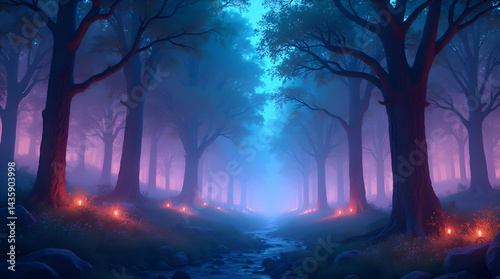 Magical Neon Forest with Floating Lights - Fantasy Background , Ai generative