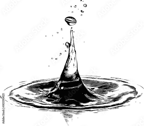 Black and white illustration of a water droplet splash with ripple effect. Vector illustration