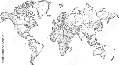 Hand-drawn sketch of a world map showing continents and countries. Vector illustration