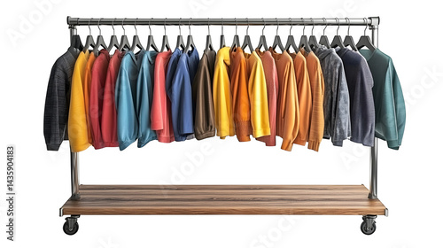Rolling garment rack with empty hangers, isolated on white background
