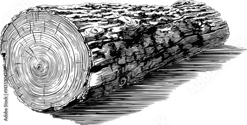 Detailed sketch of a cut tree log showing growth rings and textured bark. Vector illustration