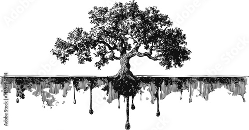 Illustration of a tree with dripping roots in black ink style, abstract concept. Vector illustration