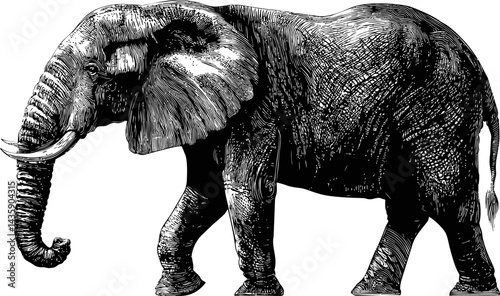 Detailed black and white sketch of an elephant walking gracefully. Vector illustration