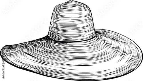 Illustration of a wide-brimmed straw hat with intricate black linework. Vector illustration