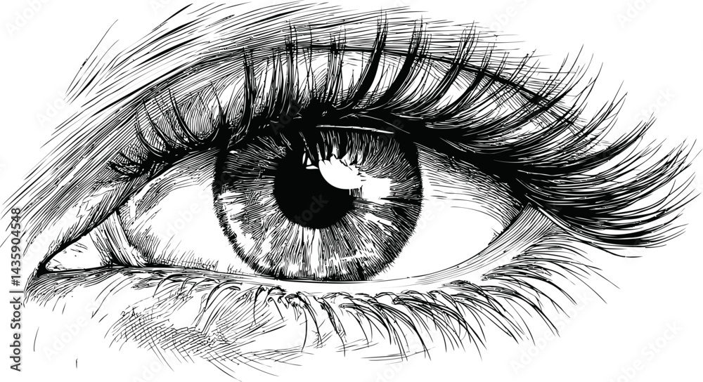 Obraz premium Detailed black and white sketch of a human eye with long eyelashes, realistic drawing. Vector illustration