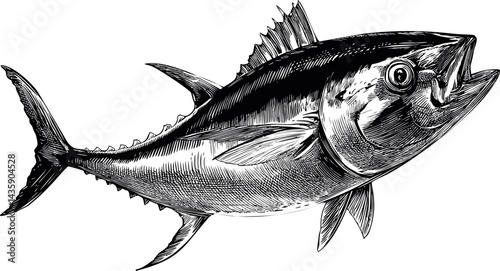 Detailed black and white illustration of a tuna fish swimming forward. Vector illustration