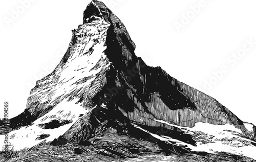 Black and white line drawing of the Matterhorn mountain peak illustration. Vector illustration