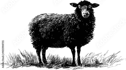 Black sheep standing in grass, detailed sketch illustration. Vector illustration