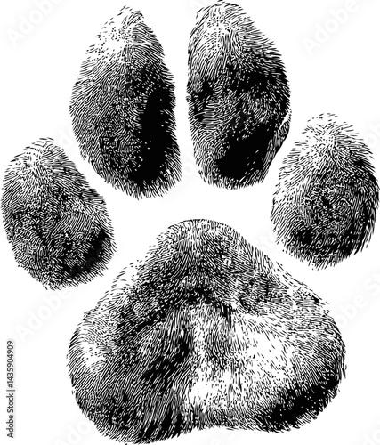 Detailed black and white animal paw print with textured fur illustration. Vector illustration