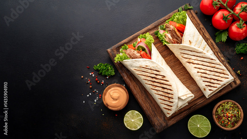 Shawarma with Sauce on a Wooden Cutting Board set on  a Black Background