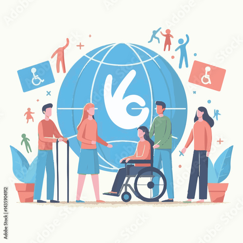 world, poster, care, international, disability, illustration, vector, awareness, concept, people, global, day, disabilities, banner, worldwide, month, happy, rights, prevention, health, help, graphic 