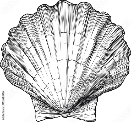 Detailed black and white drawing of a scallop shell illustration. Vector illustration