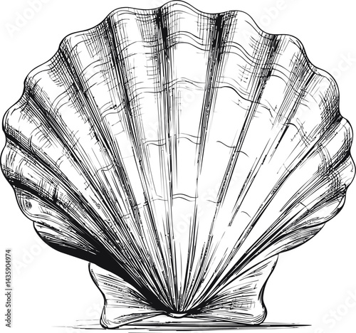 Detailed black and white illustration of a scallop shell, hand drawn sketch. Vector illustration