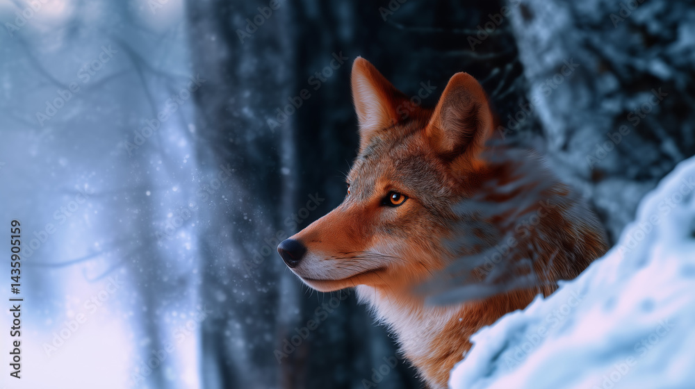 Fototapeta premium Profile Of A Coyote In Snowy Forest