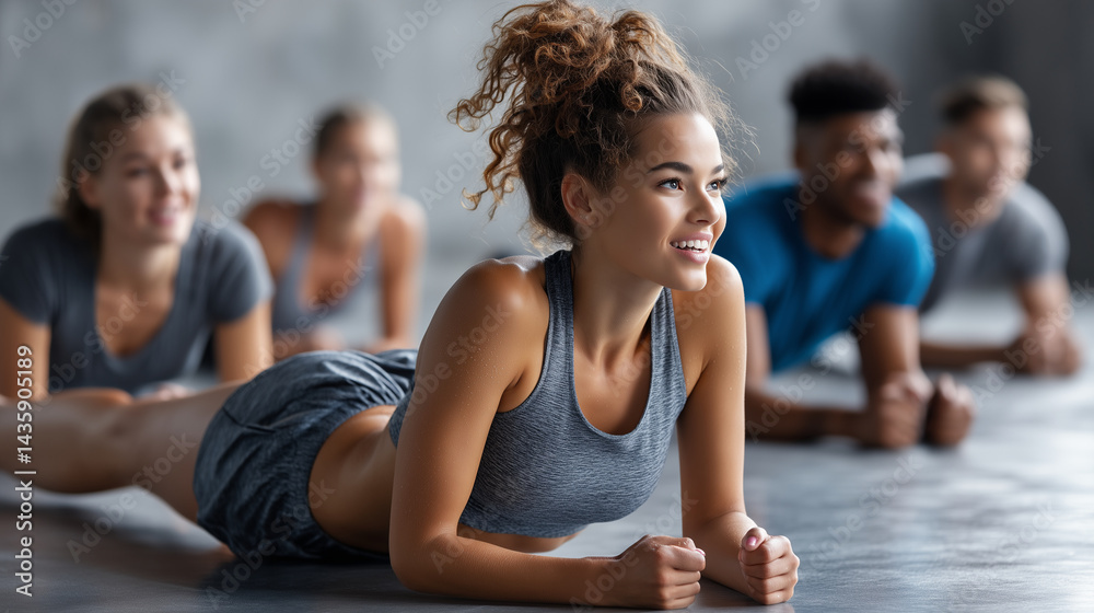Group of athletes engaging in abdominal exercises on the gym floor, showcasing dedication and teamwork in their fitness journey