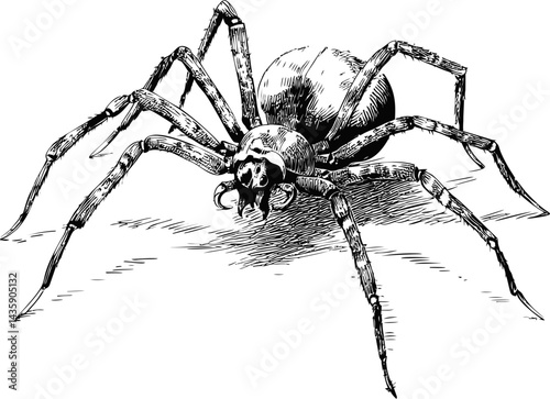 Black and white illustration of a spider with detailed textures and shading. Vector illustration