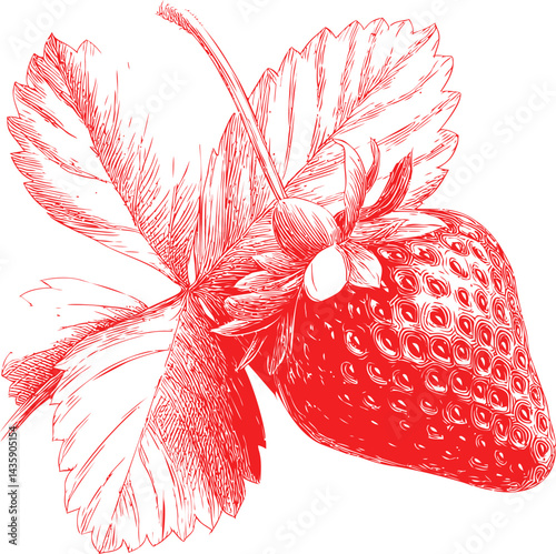 Red ink drawing of a strawberry with detailed leaves, sketch style illustration. Vector illustration