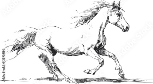Sketch of a galloping horse with flowing mane in black and white illustration. Vector illustration