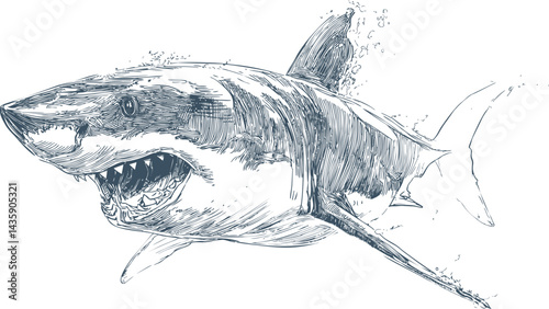 Detailed sketch of a great white shark swimming forward with open jaws. Vector illustration