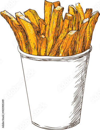 Illustration of crispy golden french fries in a white paper cup, fast food concept. Vector illustration