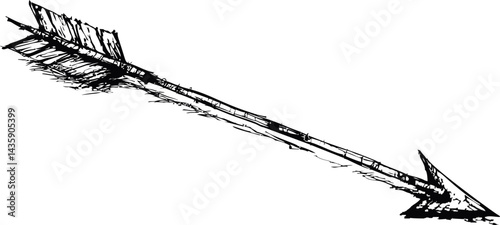 Hand-drawn black arrow sketch with detailed feathers. Vector illustration
