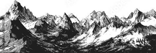 Black and white illustration of a majestic mountain range in ink drawing style. Vector illustration