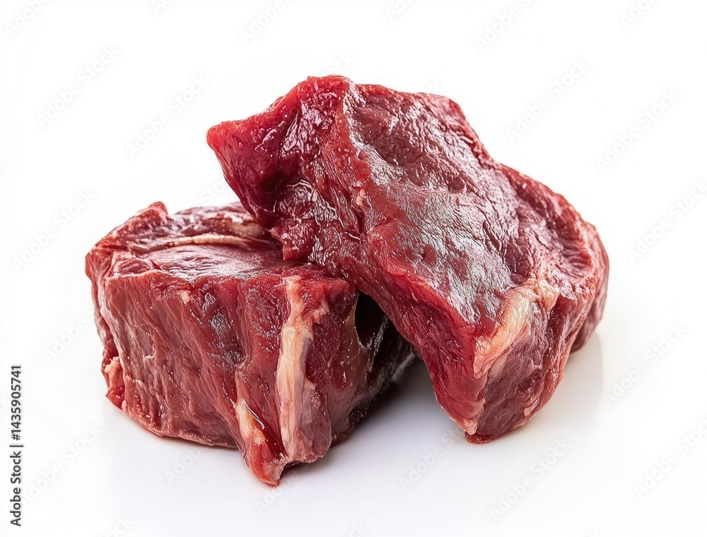 Obraz premium Premium quality fresh raw beef meat cut isolated on clean white background, high resolution studio shot with professional 35mm lens, photorealistic food ingredient for cooking, culinary, restaurant me