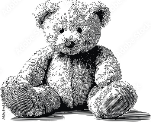 Black and white illustration of a detailed furry teddy bear sketch. Vector illustration