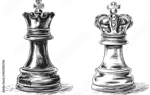 Illustration of detailed chess king and queen pieces in black and white sketch. Vector illustration