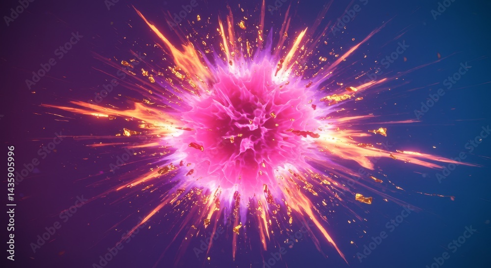 Fototapeta premium Vibrant Cosmic Explosion - A stunning of a vibrant pink and orange explosion against a deep purple background. Perfect for science fiction, energy, or power themes