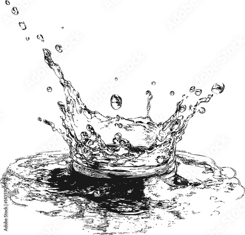 Illustration of a water splash creating droplets in black and white pen sketch. Vector illustration