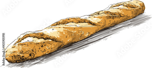 Illustration of a classic French baguette with detailed texture sketch. Vector illustration