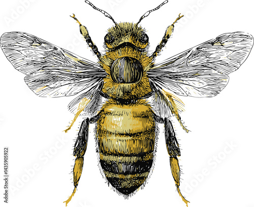 Detailed illustration of a realistic bee with transparent wings. Vector illustration