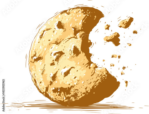 Illustration of a bitten cookie with crumbs, digital art. Vector illustration