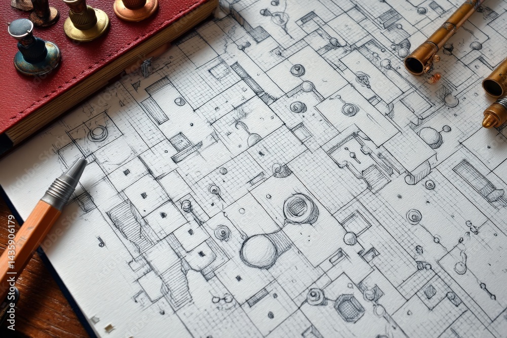 Intricate Architectural Sketches with Tools and Accessories on Table