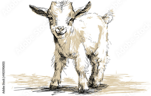 Illustration of a young goat sketch with detailed fur and playful expression. Vector illustration