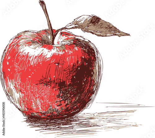 Red apple sketch with detailed shading and single brown leaf, art illustration. Vector illustration