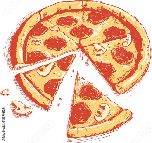 Illustration of pepperoni and mushroom pizza with slices cut out, retro style. Vector illustration