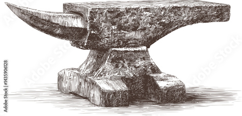 Detailed sketch of an iron anvil with horn, rustic texture in black and white. Vector illustration