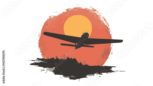 Vintage airplane silhouette against a dramatic sunset with colorful sky reflections and a serene landscape in the foreground