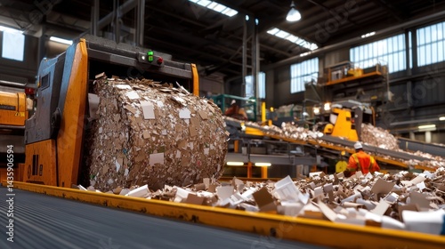 Recycling center, automated baler, cardboard roll, conveyor belt, sorting facility