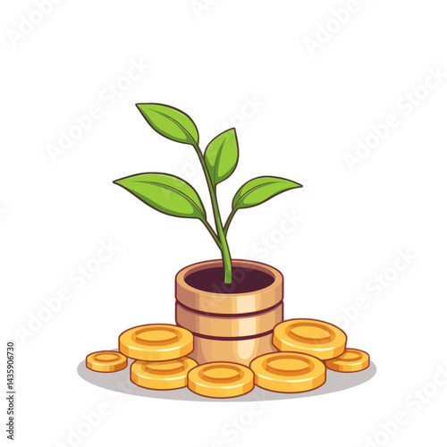 Pixel Art of a Growing Plant Emerging from Stack of Gold Coins