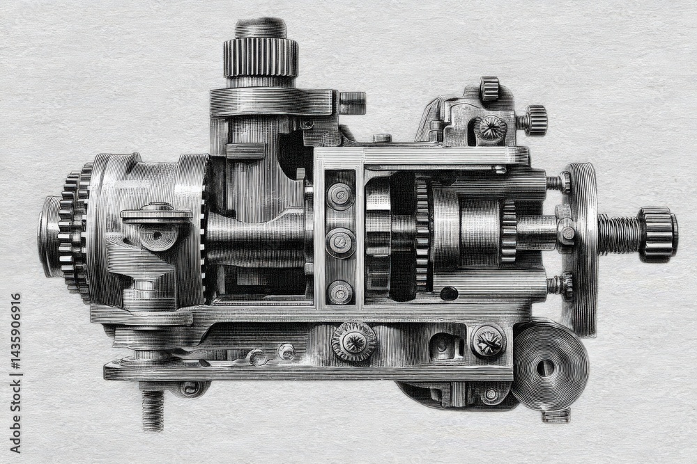 Intricate Gear Mechanism with Detailed Metal Components and Parts