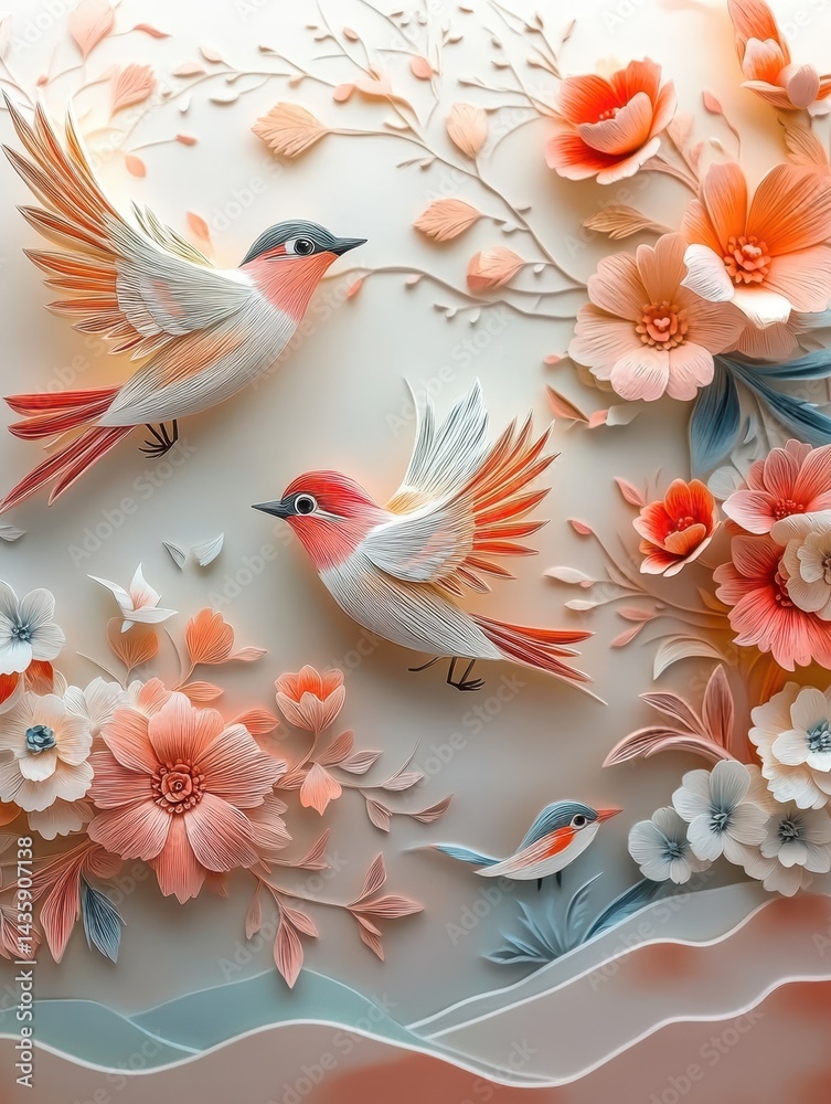 Paper art of birds and flowers